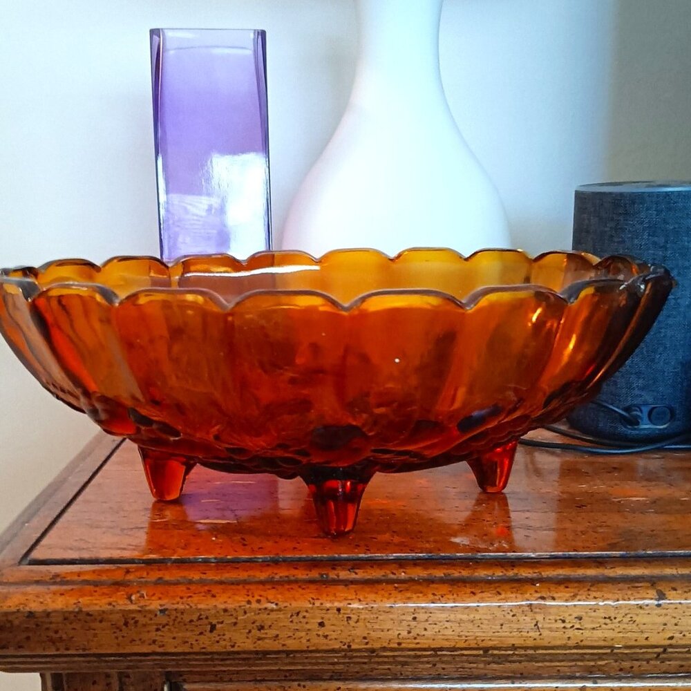 Vintage Indiana Glass Fruit Harvest pattern amber glass oval footed centerpiece